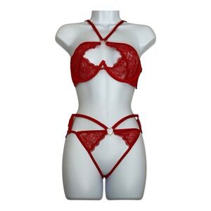 Fredericks of Hollywood Red Floral Lace Bra & Thong Panty 2pc Set S/M Heart